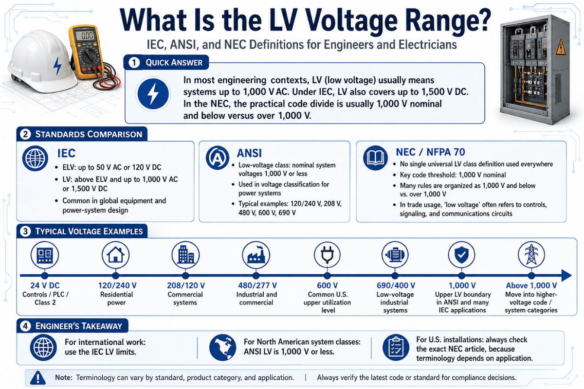 What Is the LV Voltage Range? IEC, ANSI, and NEC Definitions for Engineers and Electricians