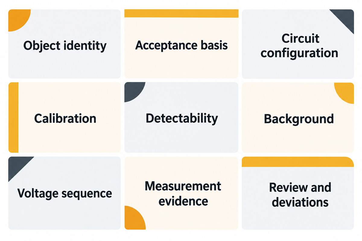 Nine records link the FAT result to its measurement conditions; editorial checklist informed by IEC and CIGRE.