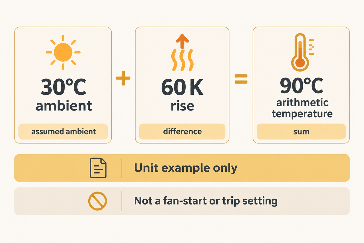 この記事の単位例では、30℃に60Kを加えて90℃を求めていますが、ファンの起動または停止のしきい値は設定されていません。