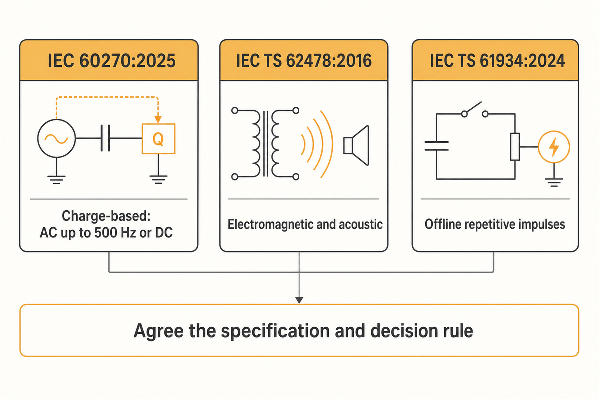 IEC PD methods cover different waveforms and quantities; pair the applicable method with an agreed decision rule.