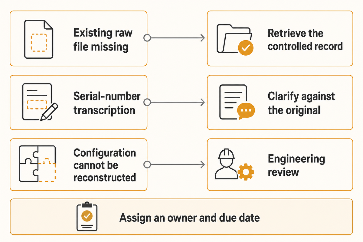 Recover records, clarify transcription or escalate unreconstructable configurations; a missing file does not mandate retesting.