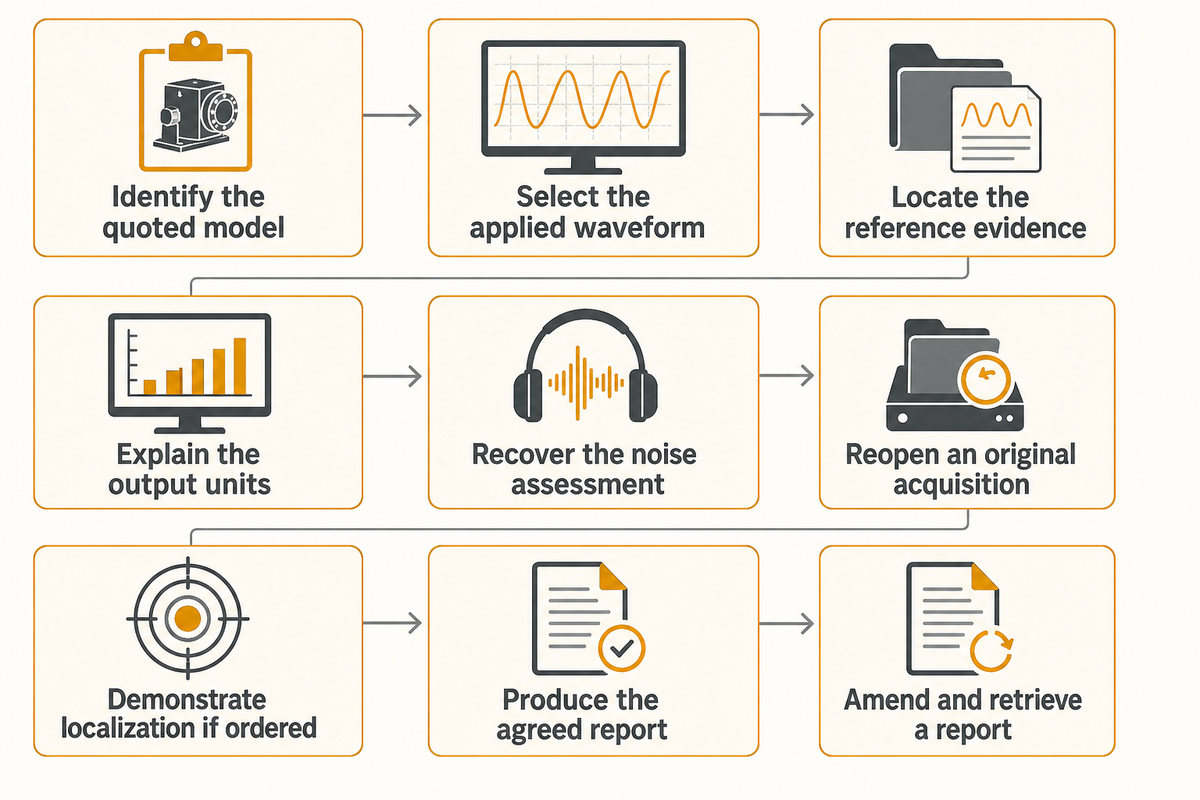 Nine demonstration steps test the quoted PD configuration, original-data retrieval and controlled report handover.
