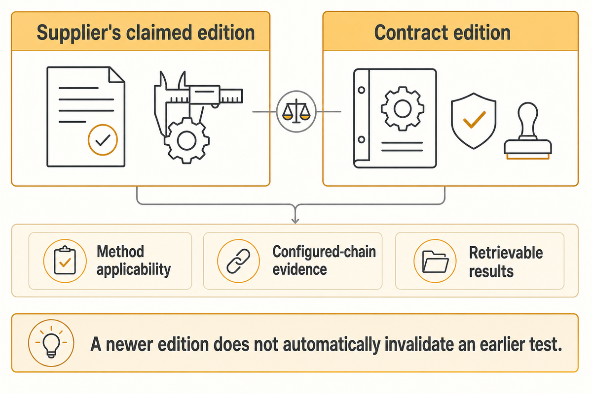 Compare supplier and contract editions; a newer IEC edition alone does not invalidate an earlier test.