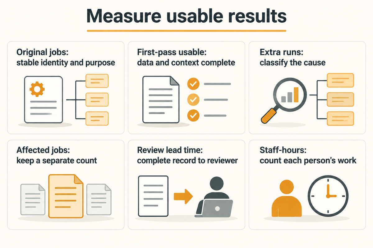 PD workflow metrics distinguish jobs, usable records, extra runs, affected jobs and staff-hours; authored definitions.