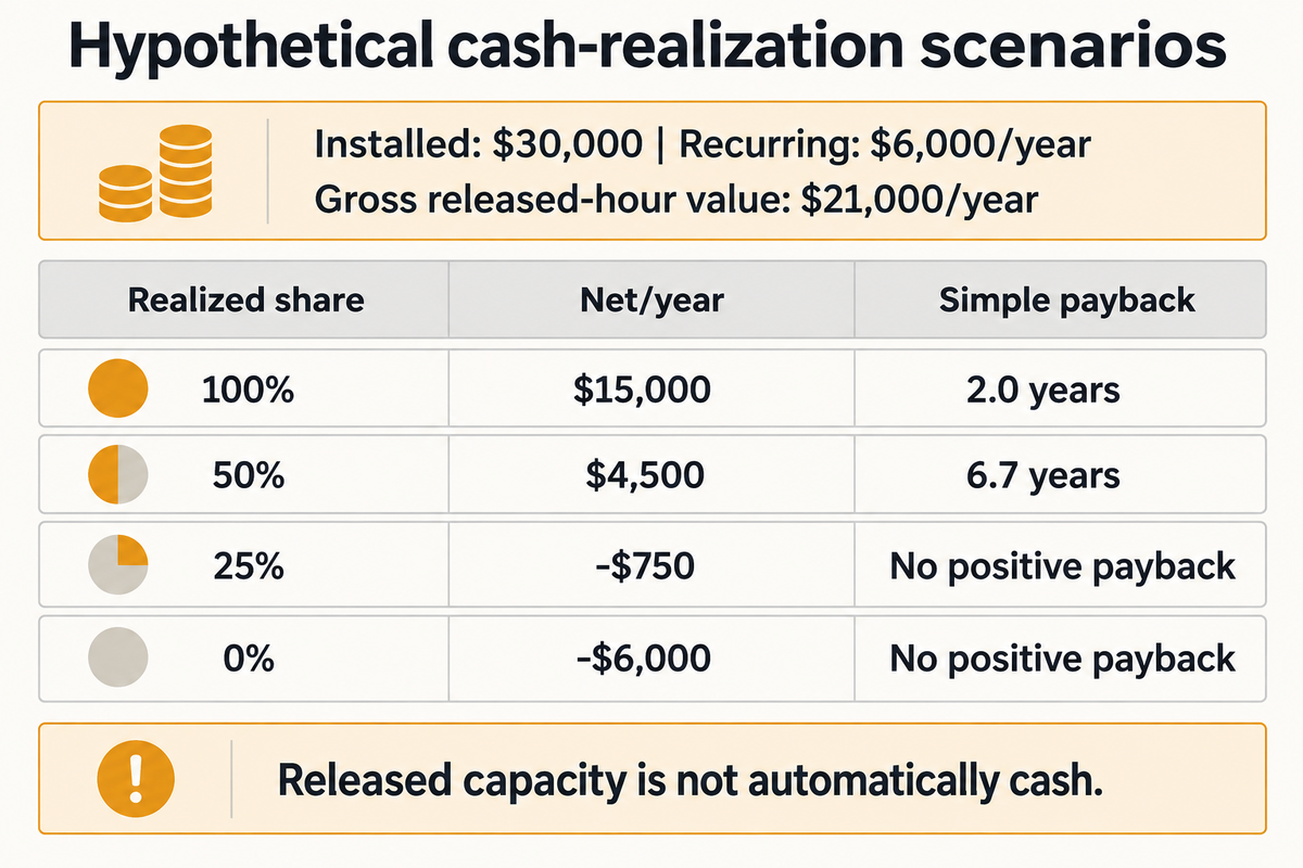 Hypothetical PD upgrade payback is 2.0 years at 100% realization, 6.7 at 50%, and not positive at 25% or zero.