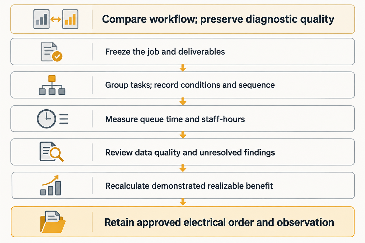 A PD workflow trial compares equivalent tasks while retaining approved electrical sequence, observation and qualified review.