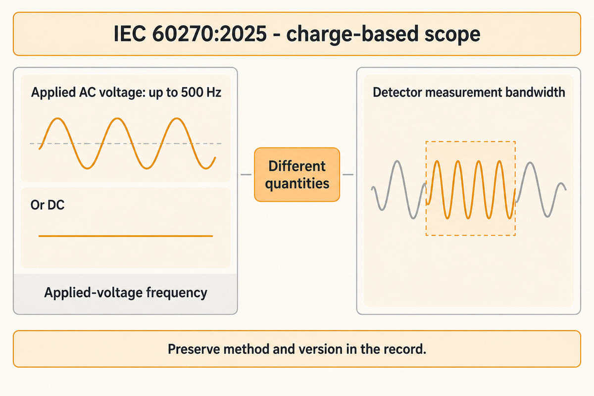 IEC 60270:2025 covers charge-based tests with applied AC up to 500 Hz or DC; detector bandwidth is a different quantity.