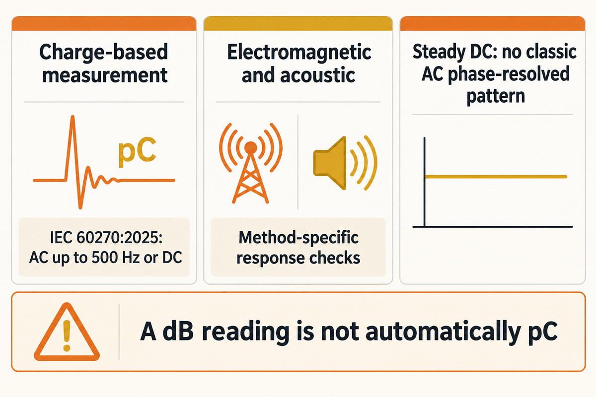 IEC 60270:2025 covers charge-based AC up to 500 Hz or DC; electromagnetic and acoustic methods need their own checks.