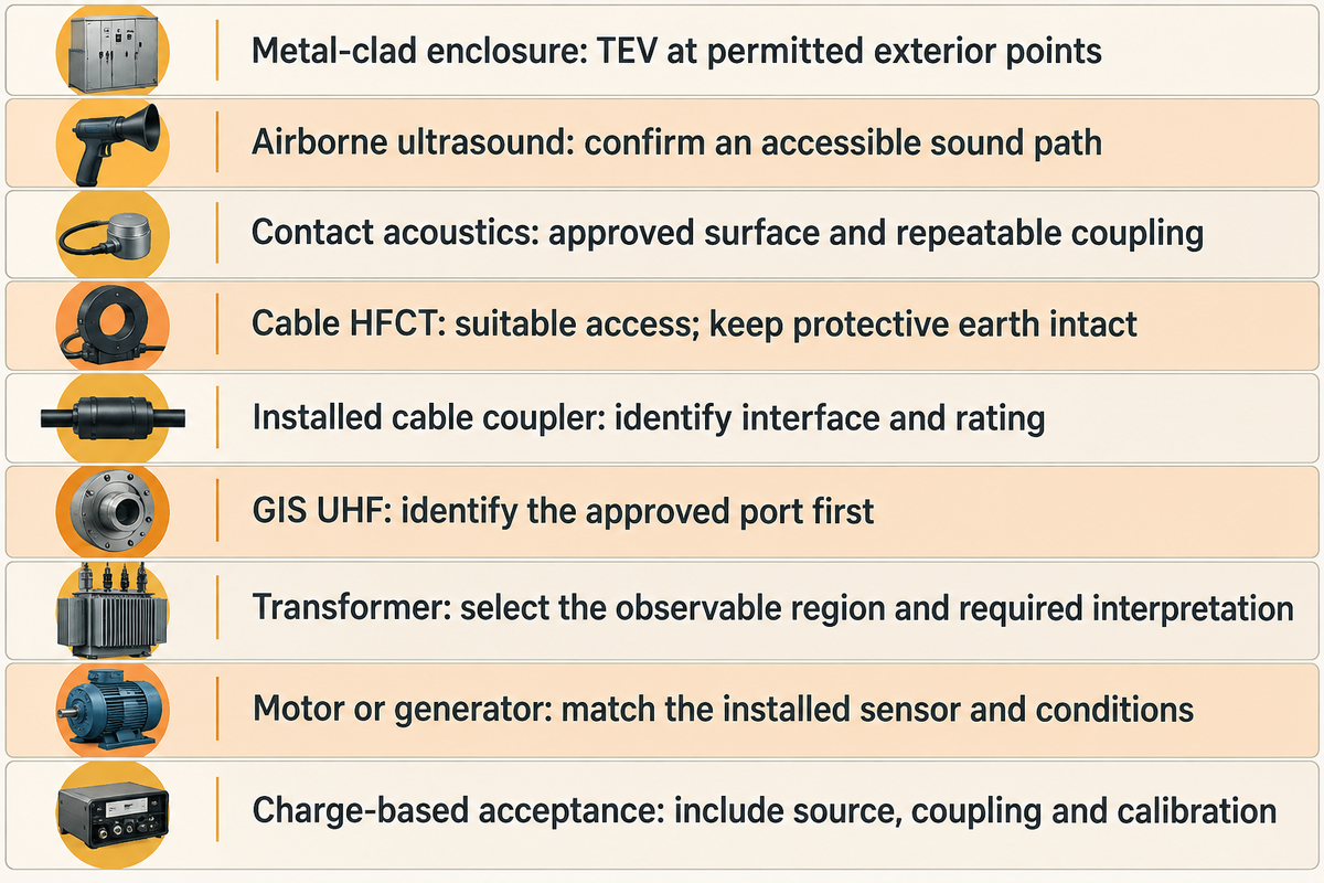 Nine asset and access choices require different sensor paths; authored matrix informed by IEC TS 62478 and sensor research.