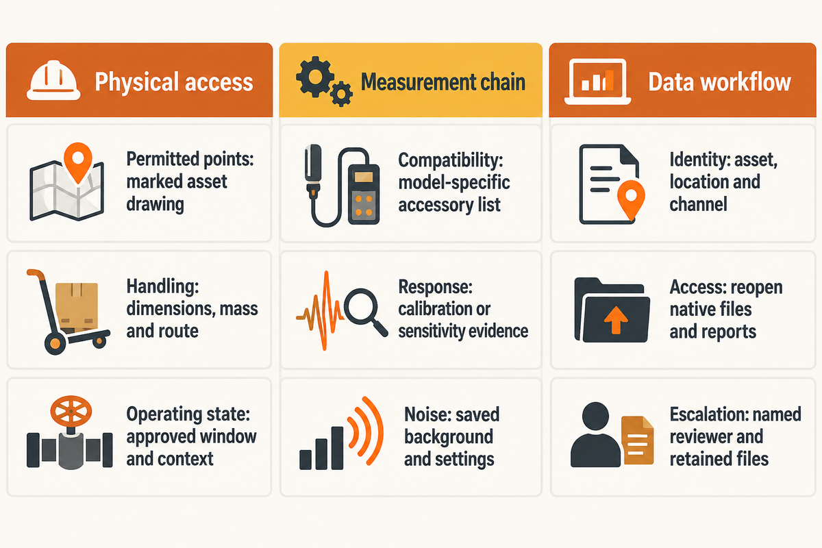 The authored 3-Layer Setup Burden Map separates physical access, measurement-chain checks and data handover tasks.